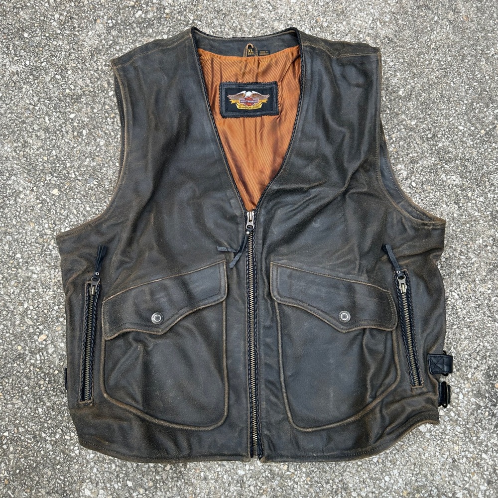 Vtg Harley-Davidson Mens XL Reg Distressed Brown Leather Motorcycle Vest Zip
